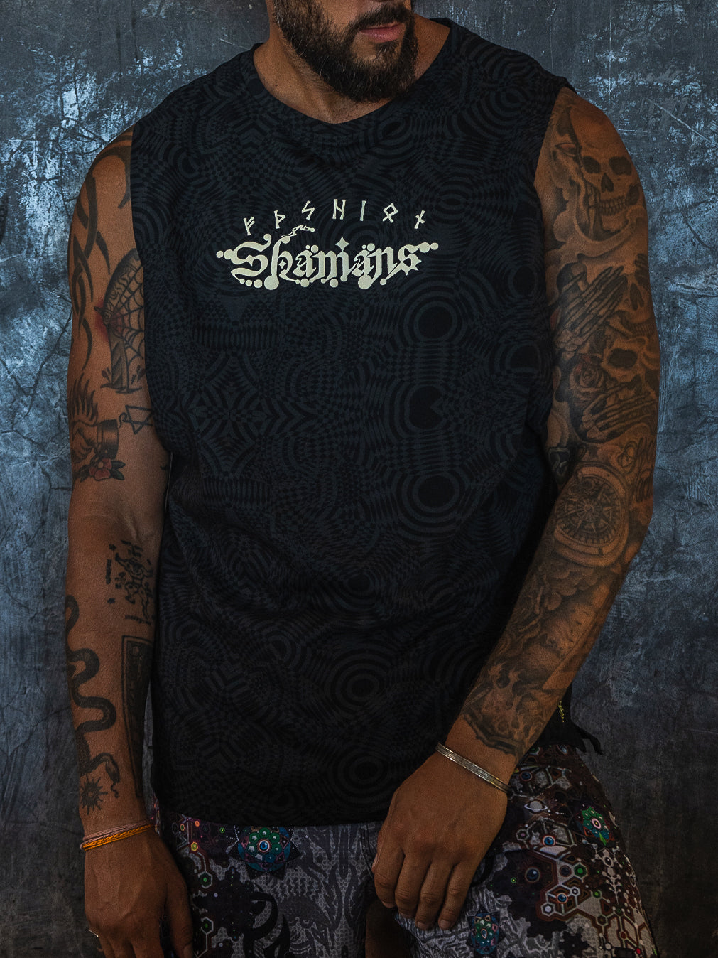 Open Tank Top Men / Black Cotton Shinker - WIERD NOISES SHAMANS White